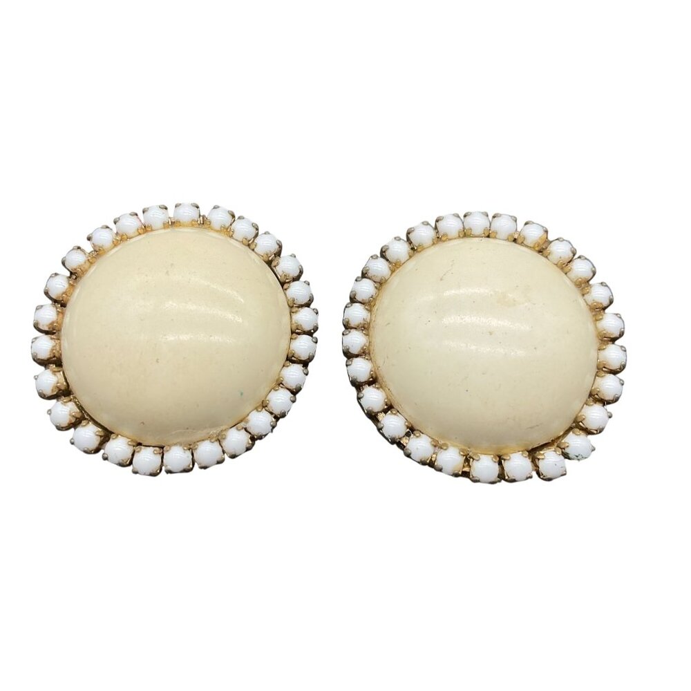 Vintage Clip-On Earrings With White Bead Border & Cream Center 1.5" D